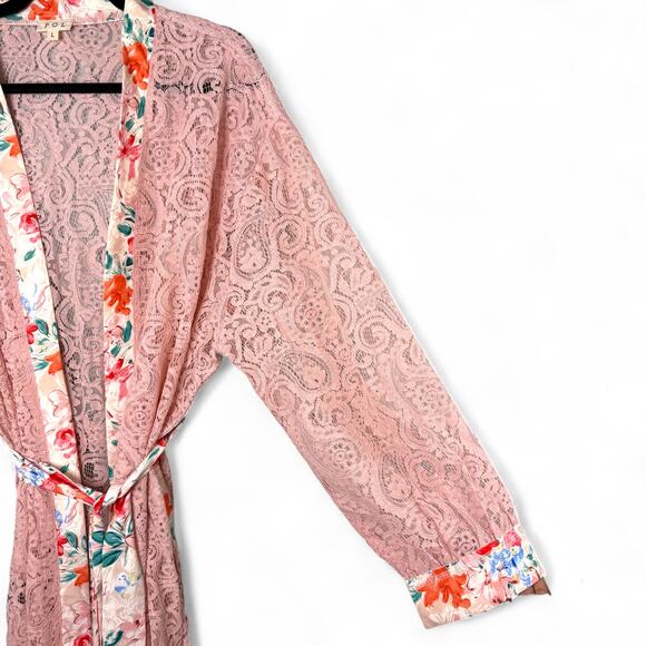 New POL Pink Lace Duster Robe L Floral Trim Boho Coquette Cottagecore Kimono - Picture 3 of 9